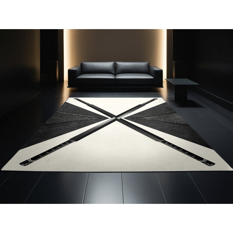 Soft Plush Dunmire Naginata Polearm Modern Geometric Area Rug in Beige – Black Binding, 8x10