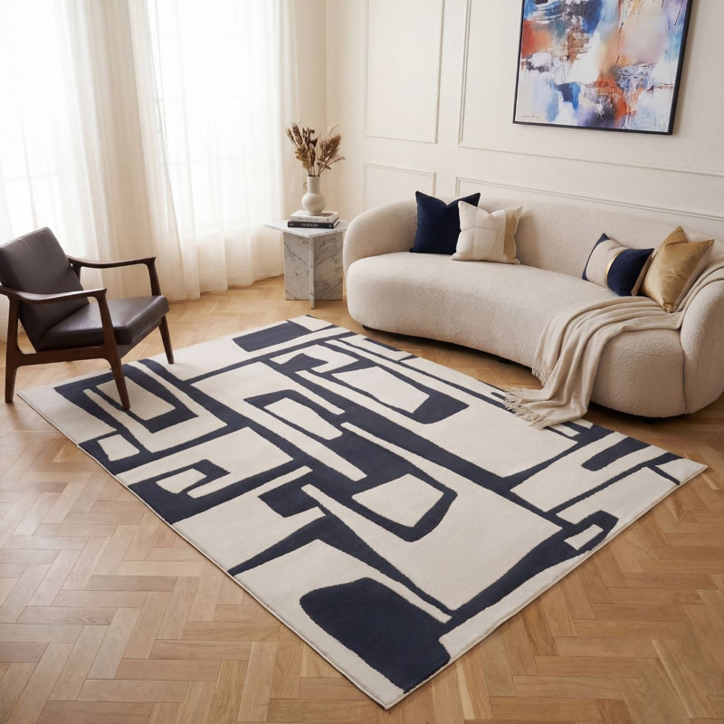 Loft Modern Abstract Living Room Area Rug and Runner Soft Pile, Navy/Ivory, Rectangle 80 x 150 cm