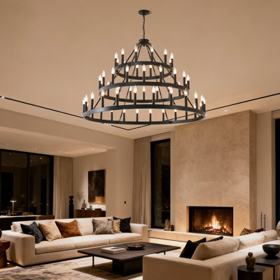 53" 54-Light  Matte Black Wagon Wheel Chandelier
