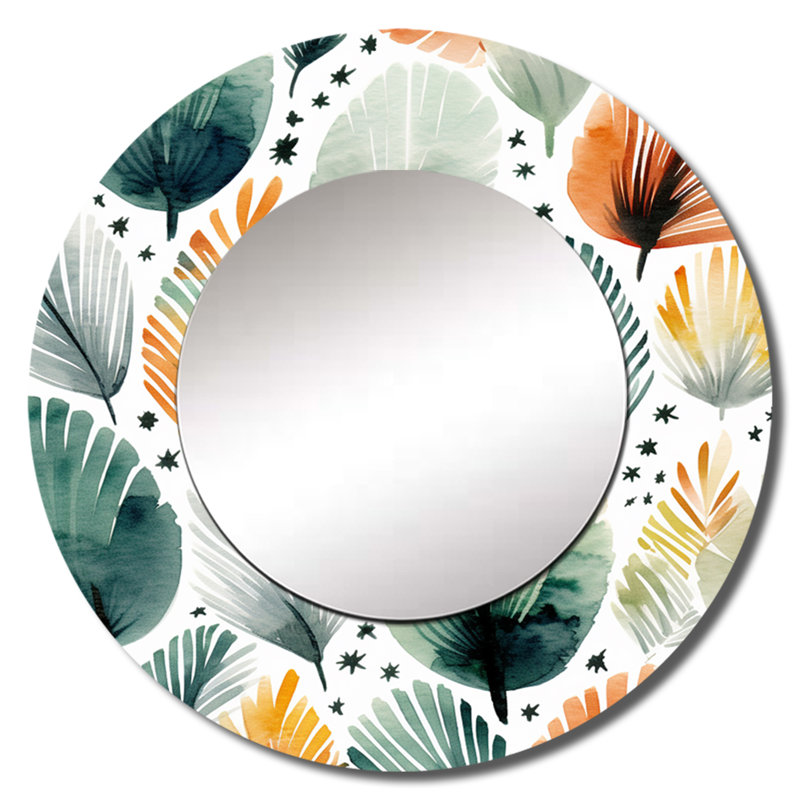 Élégance florale sarcelle orange scandinave - miroir abstrait, miroir mural rond sarcelle, impression sur métal