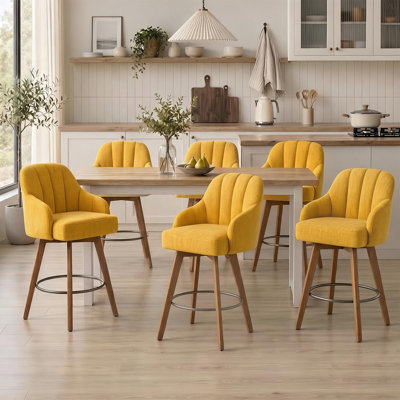 27" Upholstered Swivel Bar Stool, Set of 6, With Solid Rubberwood Legs, 360°Swivel Seat And Channel-Tufted Shell Back-Yellow