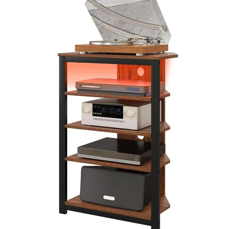 Meuble télé à DEL, centre de divertissement avec tablettes de rangement et structure en acier, brun