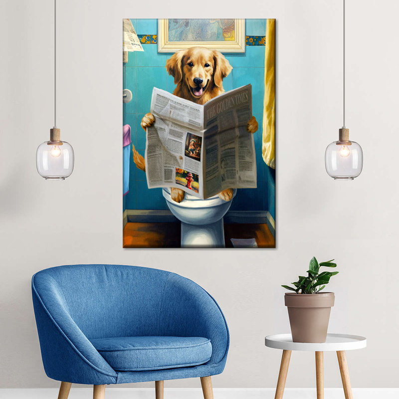 Golden retriever sur une toilette sur toile, H 48 po x l 32 po x P 1,25 po