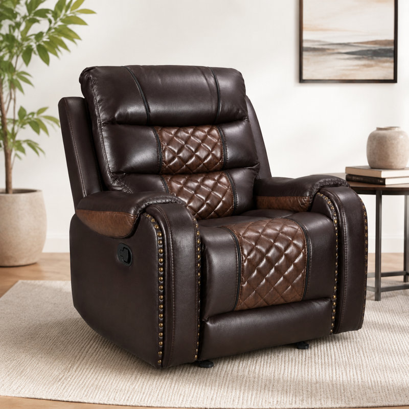 Ambridge Crovetti 35.8" Wide PU Leather Manual Rocker Recliner Chair with Diamond Stitching, Brown/Light Brown
