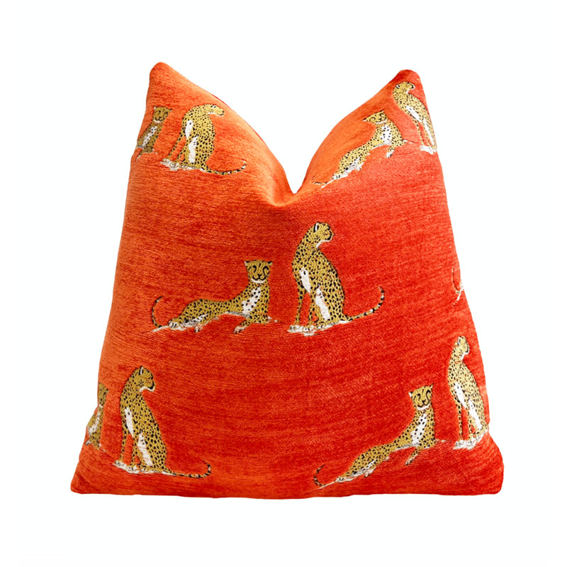 Embroidered Cheetah Chenille Throw Pillow Cover, Orange, 20" H x 20" W
