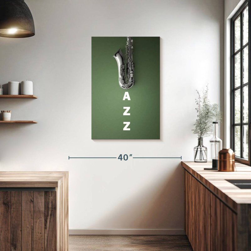 Saxophone jazz argenté, H 36 po x l 24 po