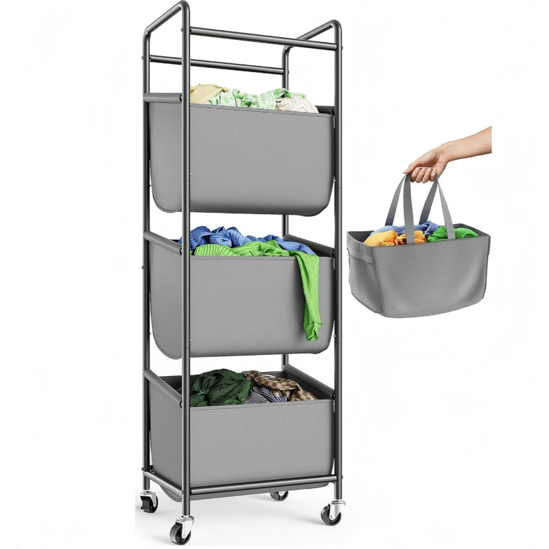 3 Section Laundry Sorter With Removable Bags, 120L Rolling Vertical Laundry Hamper, Stackable Laundry Baskets Organizer For Bathroom, Apartment, Dorm
