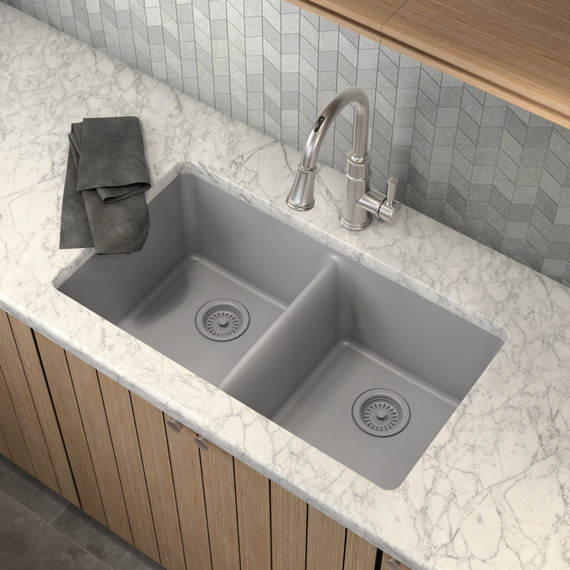 Host 33-Inch Wide x 9.5-Inch Deep Undermount Granite Double Bowl Kitchen Sink, Gray