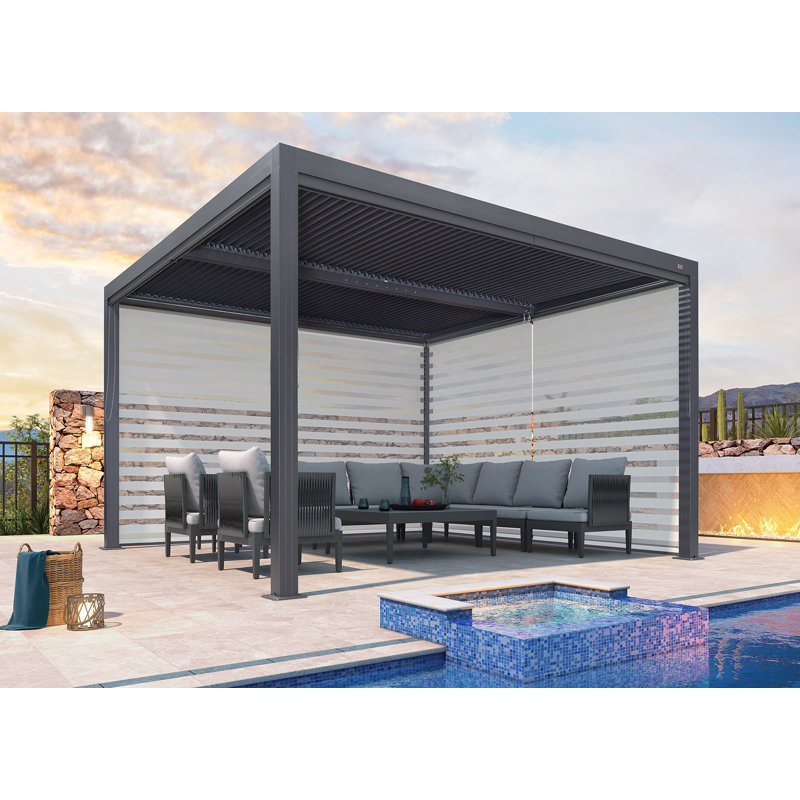 Pergola en aluminium avec abat-jour roulant, 2 côtés courts, Gris, 12 pi x 12 pi
