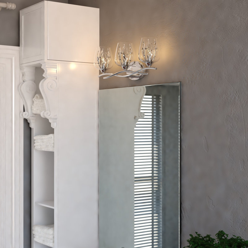 Wilmette 3-Light 24 In. Wide Chrome Modern Glam Bathroom Vanity Lighting Fixture, Clear Goblet Glass Shade With Crystal Accents, Dimmable, LED Compatible, Reversible Over The Mirror Mounted Metal Wall Sconce