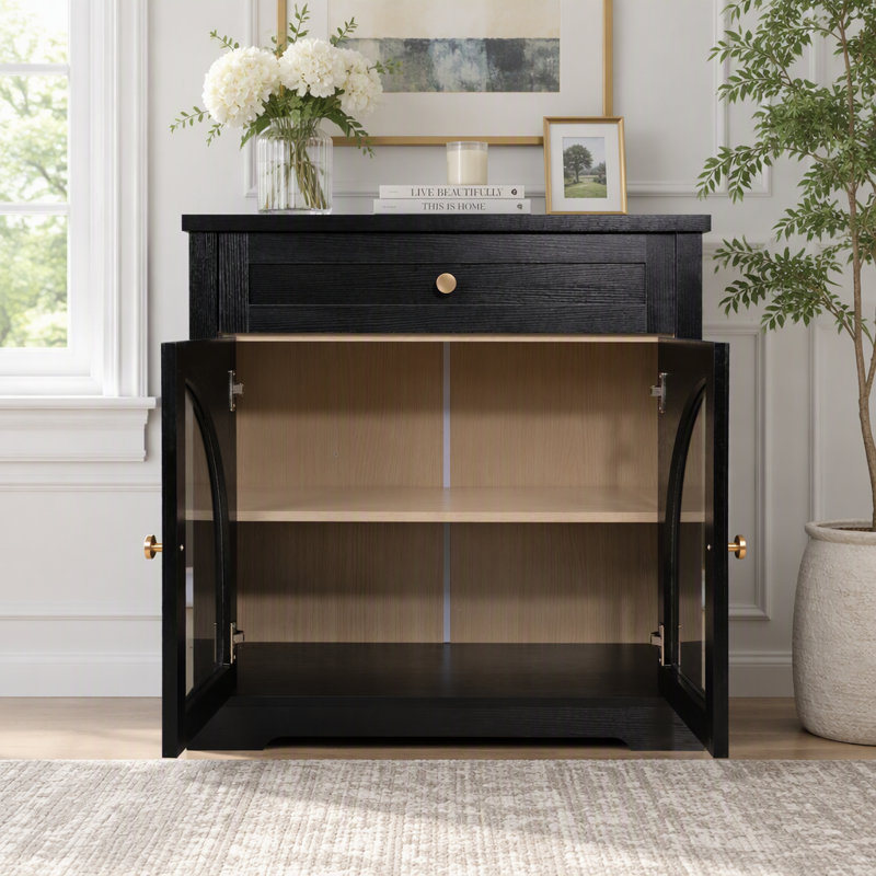 Buffet moderne avec portes vitrées cintrées et tablettes ajustables, Noir