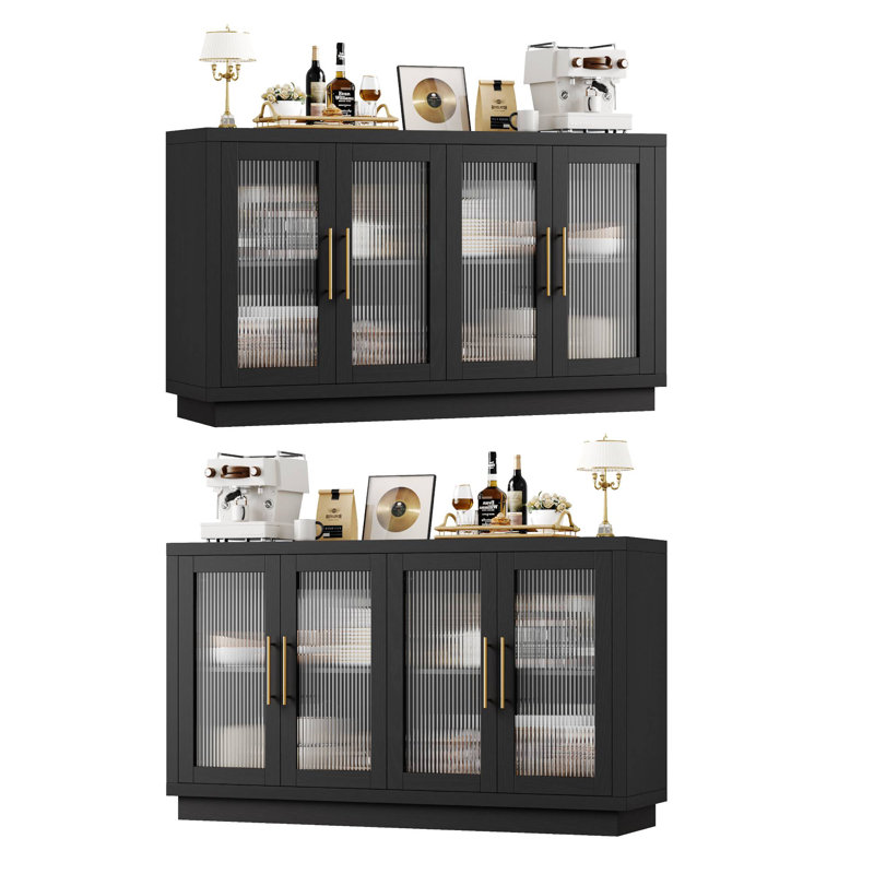 Veltri 55.1'' W Modern Sideboard, Buffet With Adjustable Shelves And Tempered Glass Doors (Set Of 2), Black/Brown