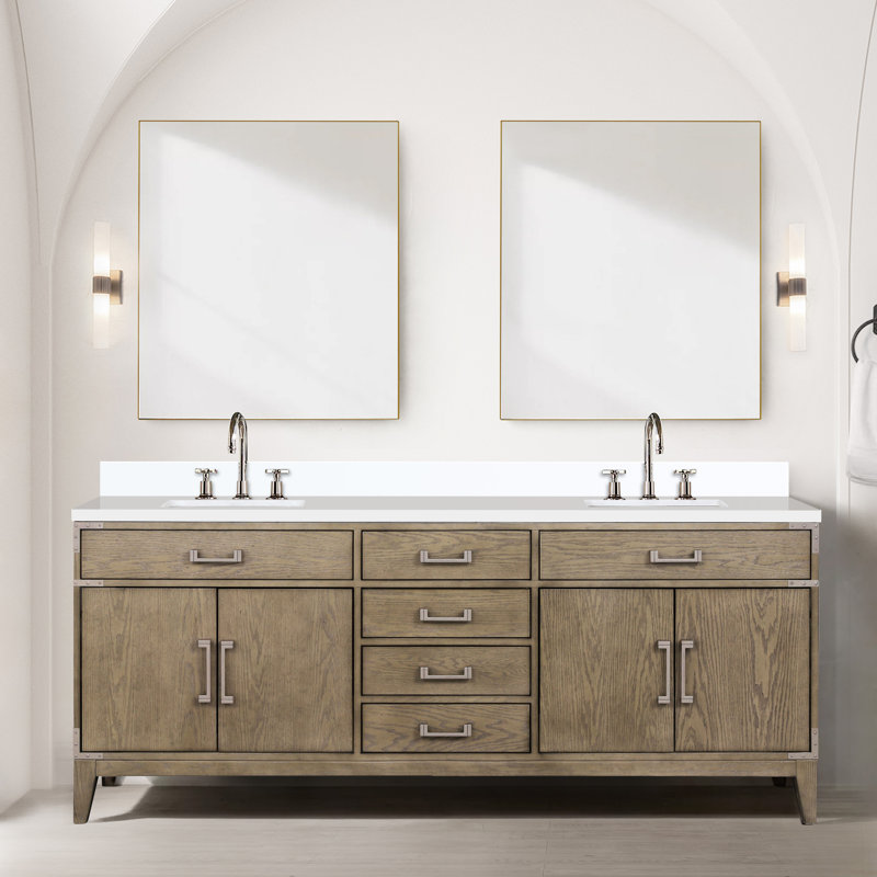 Laurel 80 in W x 22 in D  Double Bath Vanity Top, White Quartz, Grey Oak