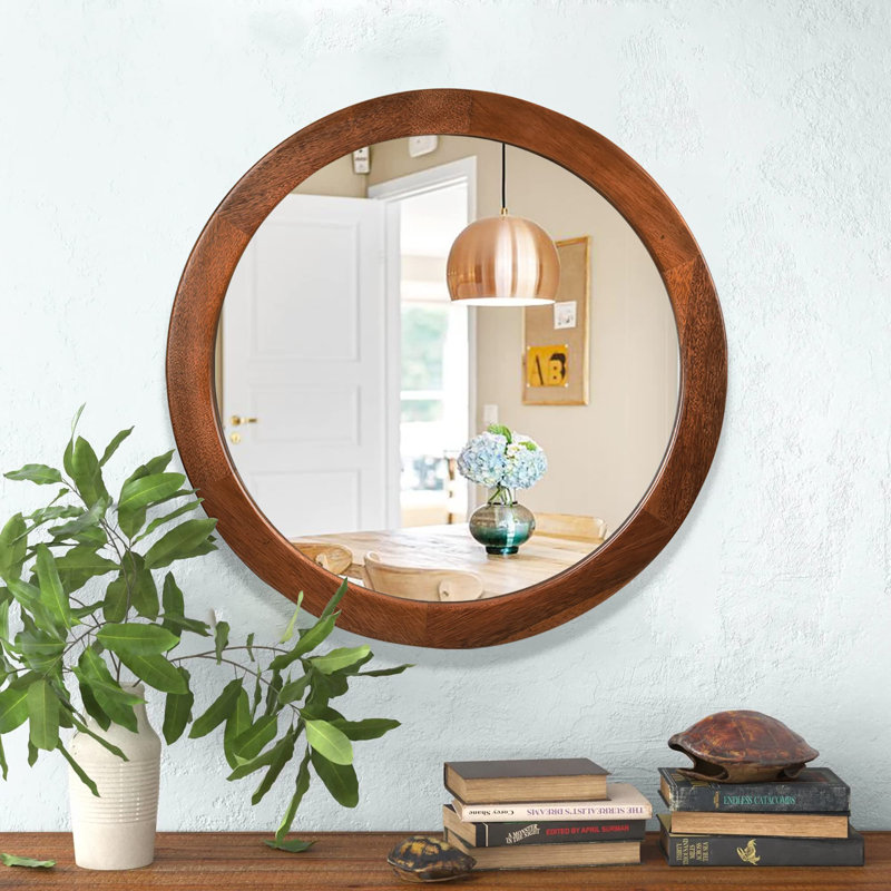 Miroirs ronds 30 po, miroir de meuble-lavabo mural en bois avec cadre en noyer, miroir en bois pour salle de bain, salon ou entrée (brun noyer)