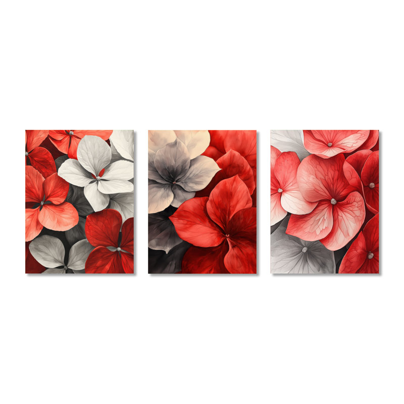 Monogramme de l'hortensia rouge pétale I - ensemble de 3 décorations murales botaniques en métal, H 32 po x l 72 po