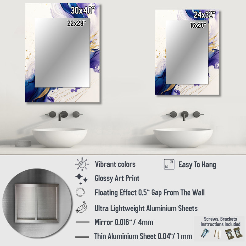 «Blue and Gold Splash Paint IV - Abstract Spirals», miroir mural bleu unique, art imprimé en métal, 32 po x 24 po