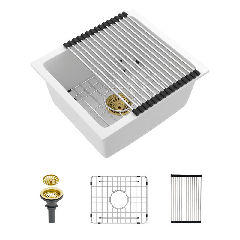 Évier de cuisine en quartz - Évier de cuisine encastré en composite de granit blanc 17,71 po x 15,74 po, Blanc