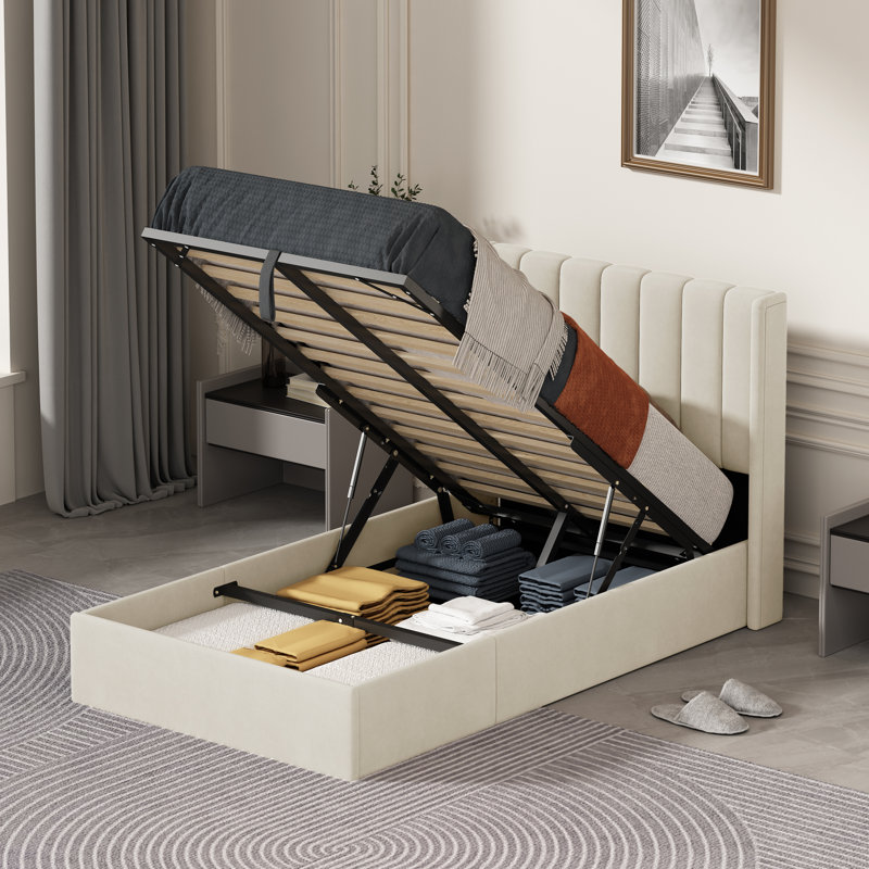 Daizia Lift Up Storage Platform Bed with Wingback Headboard, Twin, Cream