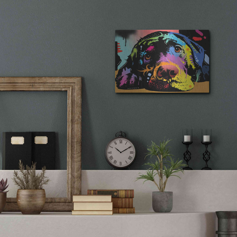 «Lying Lab» par Dean Russo - peinture sur métal sans cadre, H 12 po x l 16 po x P 0,13 po