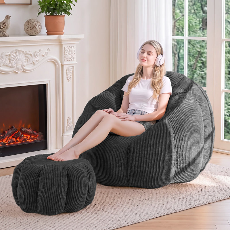 Fauteuil à billes en velours côtelé avec repose-pieds Giant, Noir