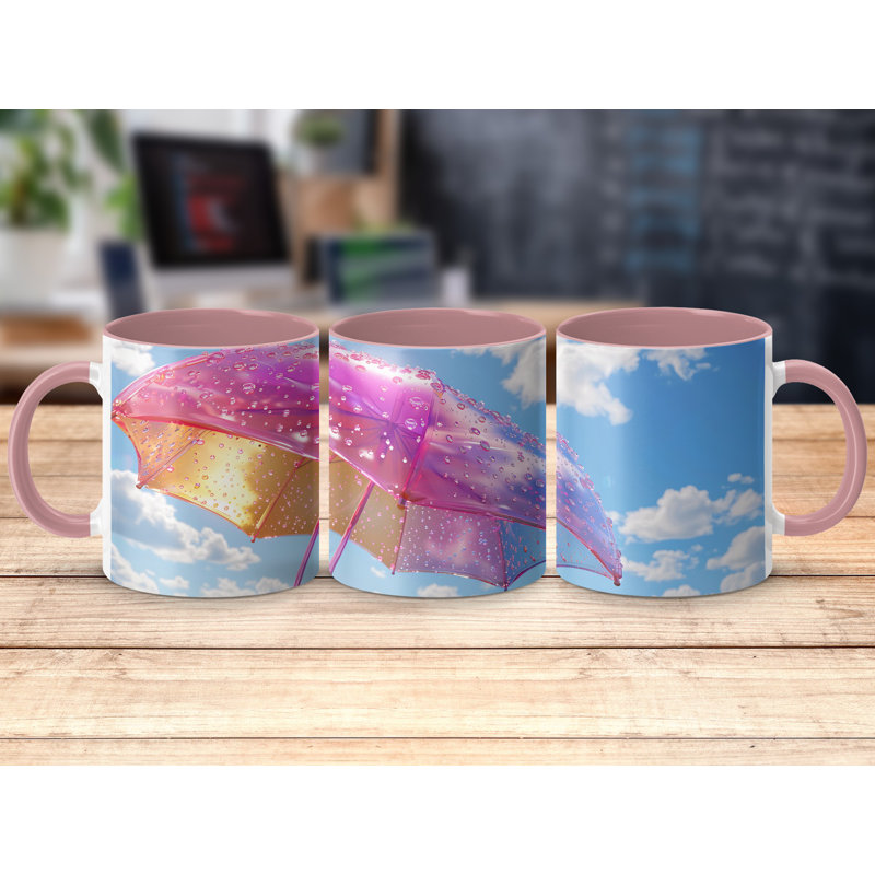 Set of 2 3D Design 11oz Accent Mugs – Ceramic Coffee Cups with a Pink Handle and Interior