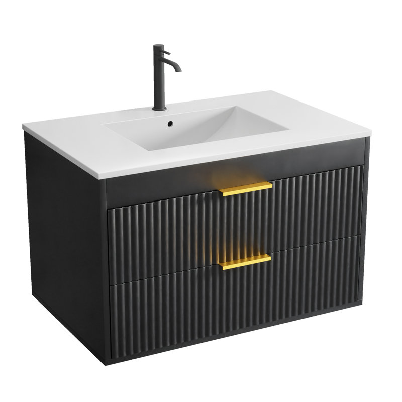 Meuble-lavabo mural avec lavabo en céramique 30 po et 2 tiroirs cannelés