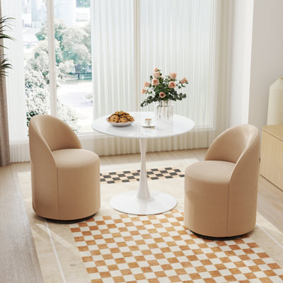 Mid-Century Dining Set With Round Pedestal Dining Table With Metal Base And Swivel Upholstered Barrel Back Dining Chairs For Kitchen/Dining Room
