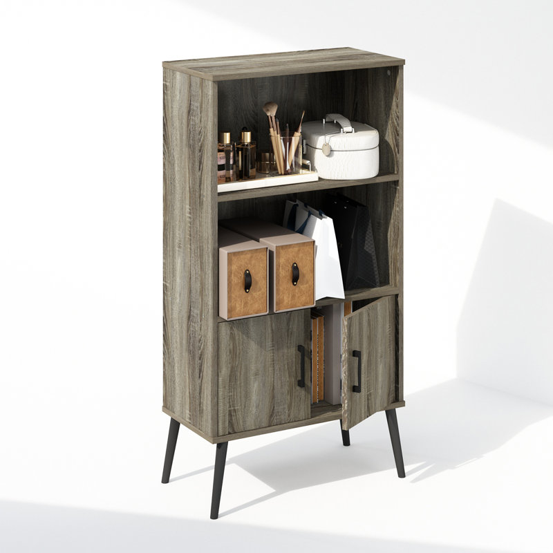 Furinno Mid-Century Open Display Shelves & Storage Cabinet with Wooden Legs, French Oak Grey, French Oak Gray
