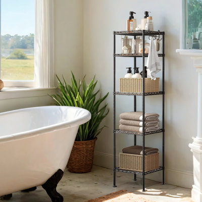 5-Tier Bathroom Shelf, Storage Rack For Small Space, With 5 PP Shelf Liners, Removable Hook, Extendable Design