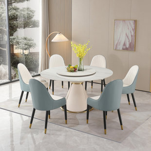 " modern sintered stone dining table set, 31.5" round turntable with wood & metal pedestal base, includes 8 chairs