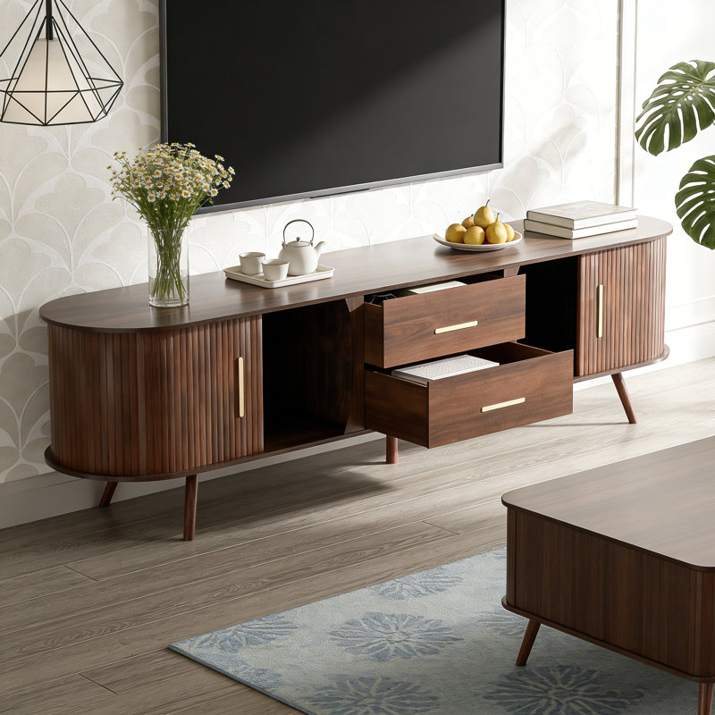Walnut Finish Mid-Century Modern TV Stand With Fluted Doors, Curved Entertainment Center With 2 Drawers, Storage Cabinets & Gold Handles, TV Console Table For Living Room Bedroom Home Furniture