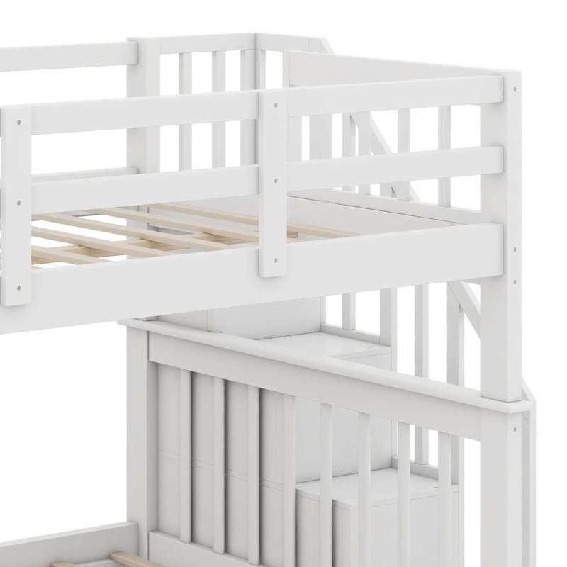Lit superposé double au-dessus de double, structure de lit superposé en bois avec escalier, lit superposé avec rangement et garde-corps pour garçons adultes