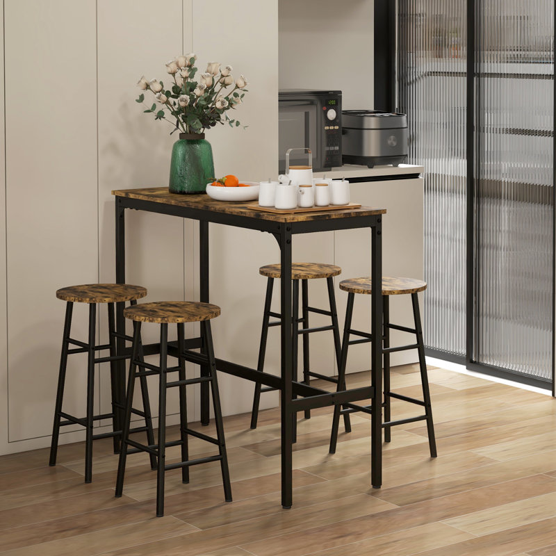 Homcom bar table set for 4, industrial high top table with bar stools, 5-piece small kitchen table and chairs for pub, dining room, rustic brown - stylish and space-saving