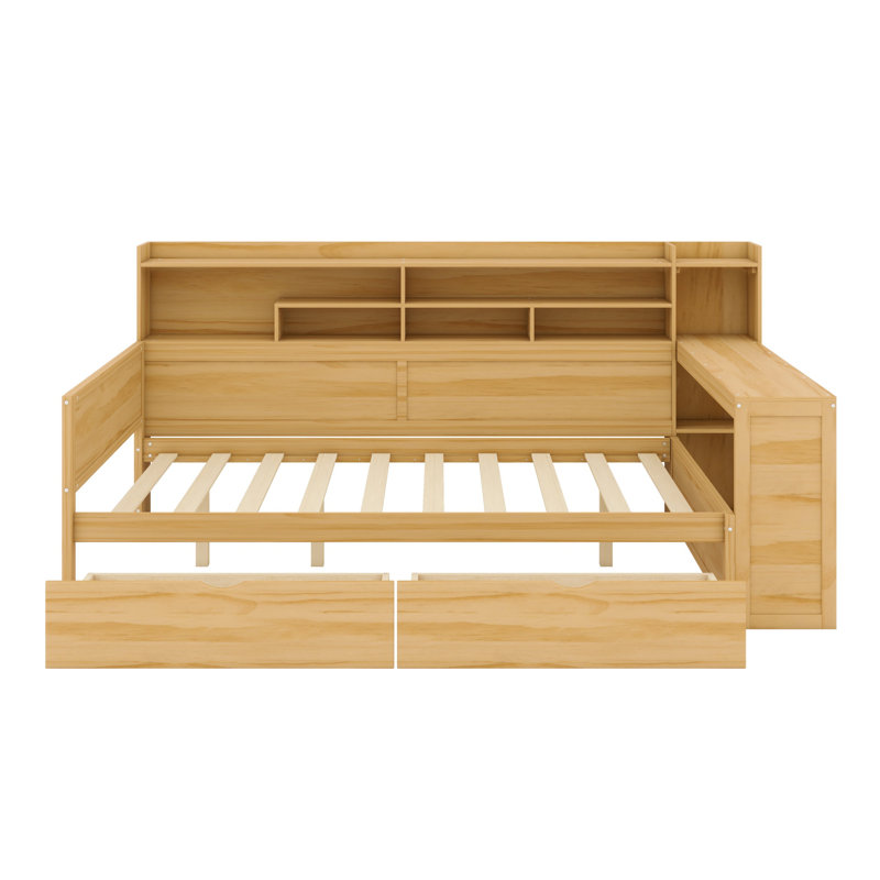 Wooden Daybed With Storage Shelves,Two Storage Drawers And Study Desk, Natural