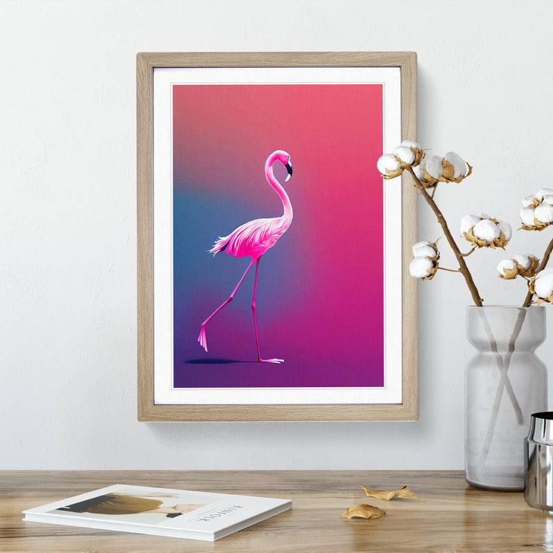 Strolling Flamingo - Single Picture Frame Print, 34cm H x 25cm W x 2cm D, Oak
