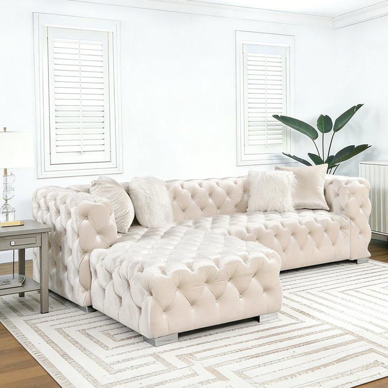 115'' Wide Velvet Chesterfield Sectional Sofa Button Tufted L-Shaped Couch With Metal Lges, Beige