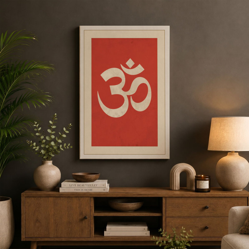 Om in Red Minimalist - Wrapped Canvas, 36x24 - 91.4 x 61.0 cm, Cream Border