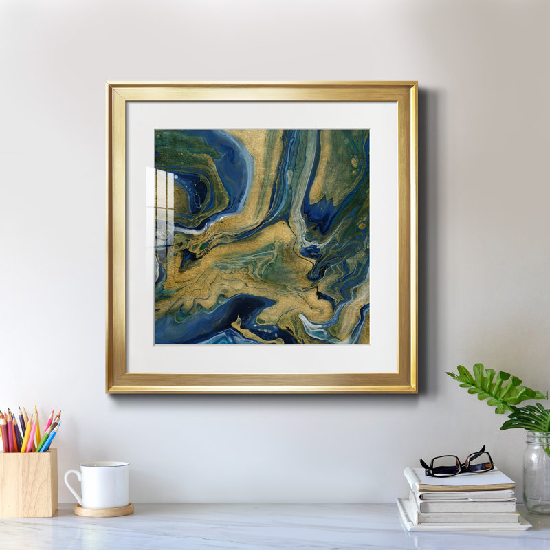 Golden Sea - peinture encadrée, H 17,5 po x l 17,5 po x P 1,5 po, Encadrement doré