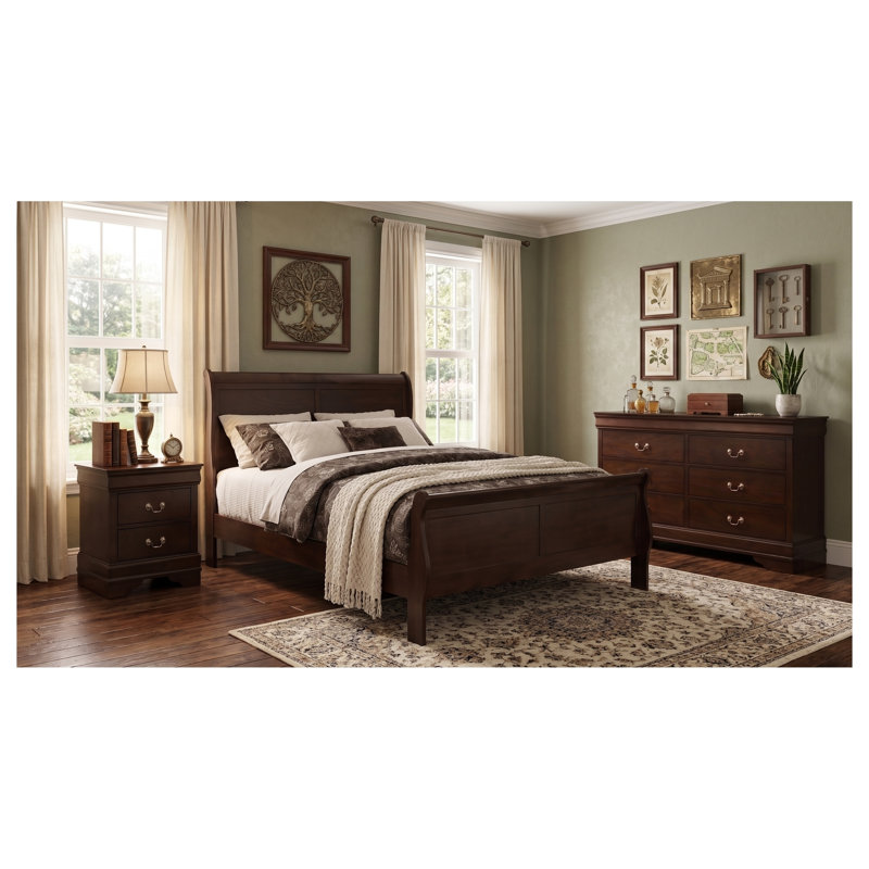 Ensemble de chambre à coucher 3 pièces Henri Charles Cappuccino Queen avec lit traîneau, commode et table de chevet en bois d'hévéa