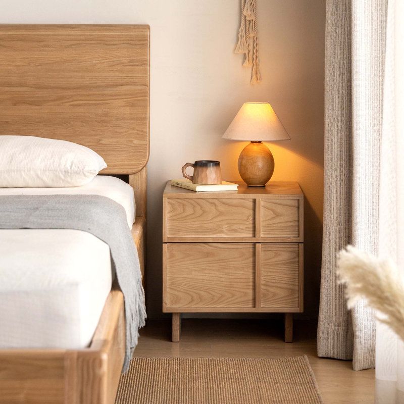 19"H Low-Profile Solid Ash Wood Nightstand with 2 Drawers (Set of 1), Ash, Individual