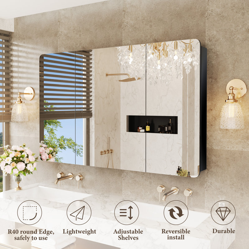 Recessed Or Surface Mounted Flippable Mirror Medicine Cabinet, 32" H x 48" W x 4.96" D