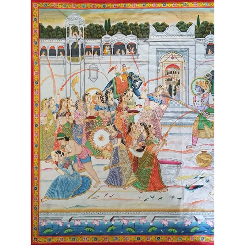 Shrinathji (forme de Krishna) jouant à Holi avec Gopis Pichhwai, peinture | Par Dheeraj Munot