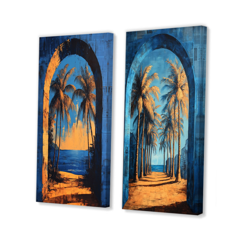 «Blue Orange Plam Trees Azure Archway I», ensemble de 2 palmiers et palmiers, art mural, Toile tendue, H 28 po x l 24 po