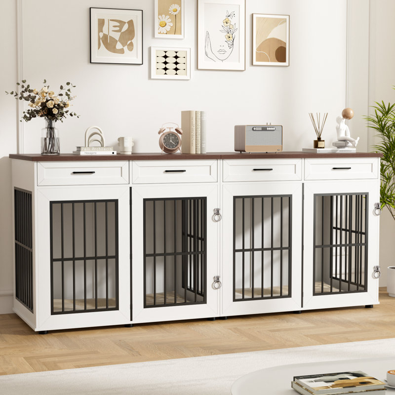 Meuble double 86,7 po pour caisses pour chien, grand chenil de ferme avec 4 tiroirs comme meuble télé, cage robuste pour 2 grands chiens