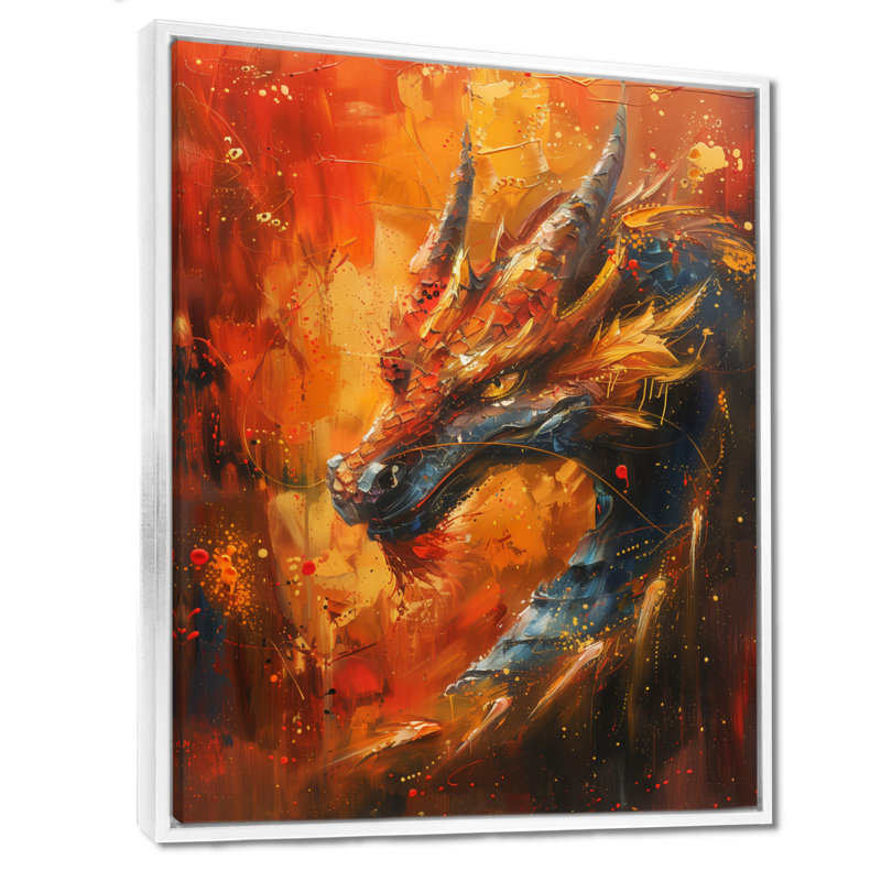  «Orange, jaune, braises, dragon I - Dragons», reproduction d'art murale, Toile encadrée flottée blanche