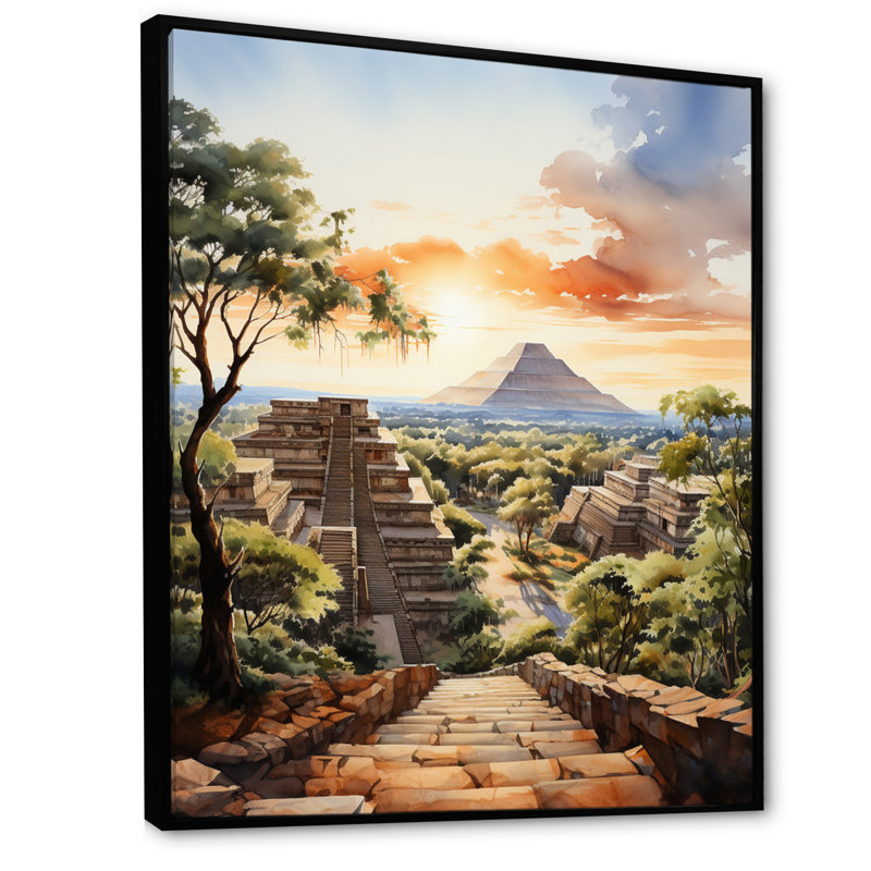 Aveleen, Mexique, Teotihuacan, lever de soleil, réaliste, H 40 po x l 30 po x P 1,5 po, Cadre flottant noir