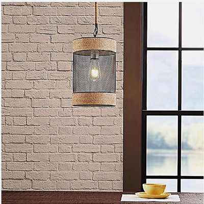 Lustre cylindrique en corde naturelle et fil métallique