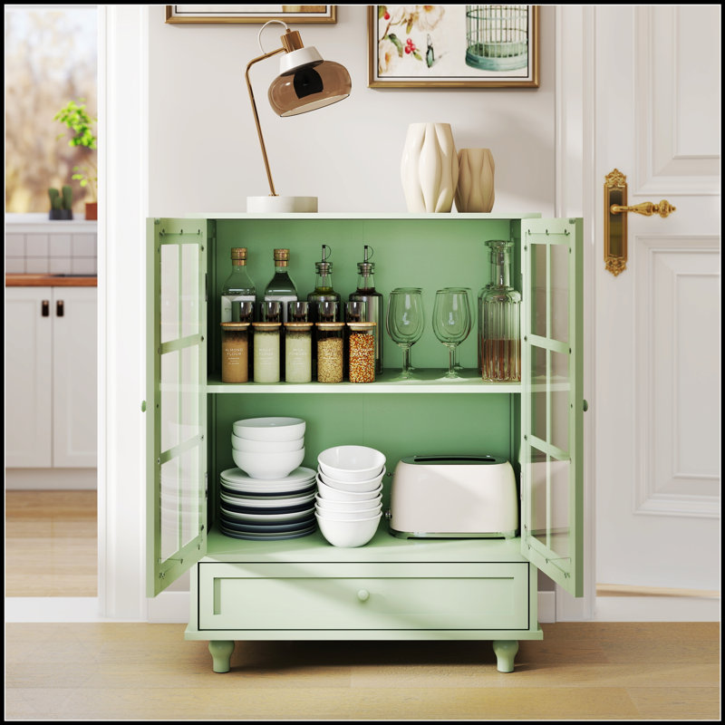 Buffet minimaliste avec portes doubles en verre et tiroir, rangement moderne en bois pour le salon et la salle à manger