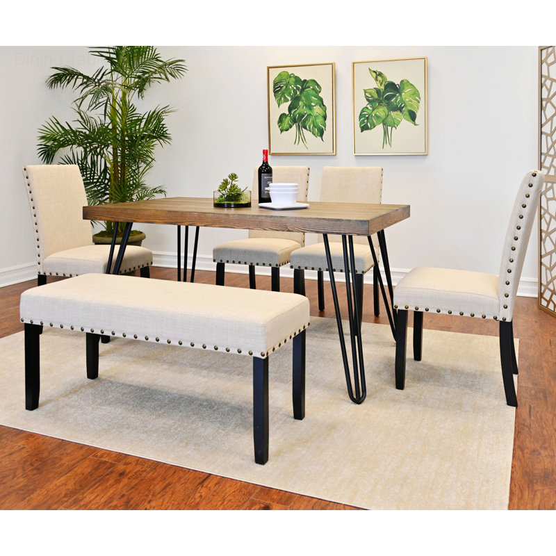 6-Piece Dining Table Set, Dining Table With 4 Chairs And 1 Upholstery Bench, Beige