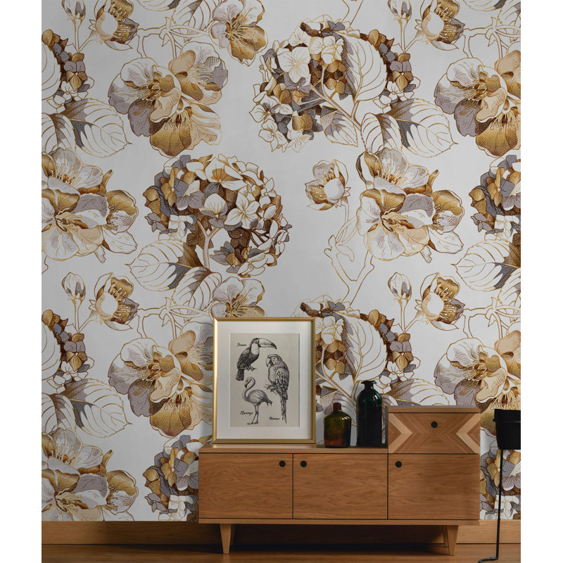 Papier peint amovible moutarde avec bouquet de fleurs botaniques, L 75 po x l 112 po